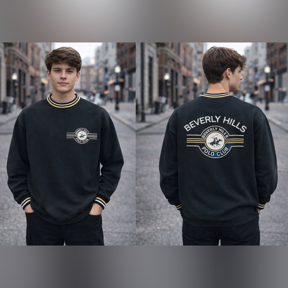 Vintage Y2K Men’s Beverly Hills Polo Black Yellow Oversized Logo Sweatshirt XXL